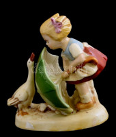 Porcelán libás kislány figura, kézzel festett, jelzés nélkül, lepattanásokkal, két gyári lyukkal az oldalán, 12x11 cm