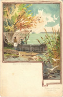 Balatoni halásztanya. Hameau de Pecheurs de Balaton, Bruchsteiner és fia litho. Digestol Glück a hátoldalon (EB)