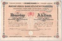 Budapest 1923. 'Magyar Városi Bank Részvénytársaság' 25 részvénye egyben, egyenként 400K-ról szelvényekkel + Budapest 1923. ''Taurus' Huskereskedelmi Részvénytársaság' huszonöt részvénye egyenként 1000K-ról, szárazpecséttel +